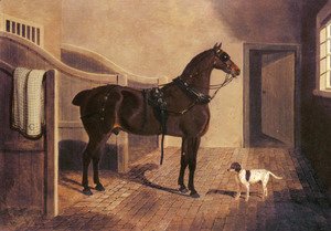 John Frederick Herring Snr - A Favorite Coach Horse and Dog in a Stable