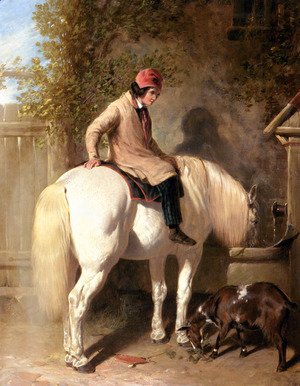 John Frederick Herring Snr - Refreshment, A Boy Watering His Grey Pony