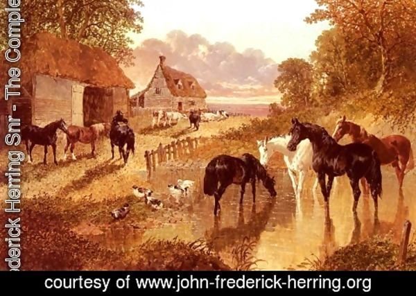 John Frederick Herring Snr - The Evening Hour - Horses And Cattle By A Stream At Sunset