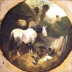 John Frederick Herring Snr - A Carthorse eating hay from a wheel-barrow in a farmyard
