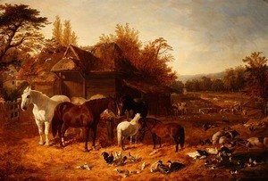 John Frederick Herring Snr - The Farmyard with Horses, Ponies, Berkshire Saddle Backs, Alderney Shorthorn Cattle and Poultry