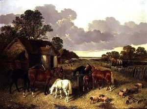 Horses, Pigs, Poultry, Duck and Cattle in a Farmyard
