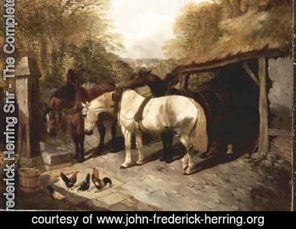 John Frederick Herring Snr - Farmyard with Horses and Chickens