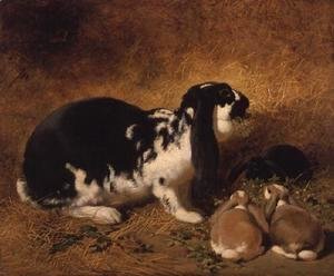 John Frederick Herring Snr - A Doe Rabbit and her three young, 1851