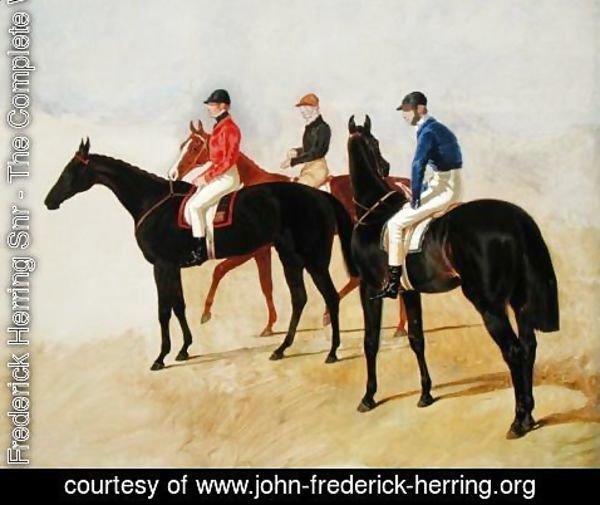 John Frederick Herring Snr - Study of Three Steeplechase Cracks: Allen McDonough on Brunette, Tom Oliver on Discount and Jem Mason on Lottery, or Three Racehorses with Jockeys Up