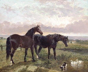 John Frederick Herring Snr - Two horses grazing at sunset