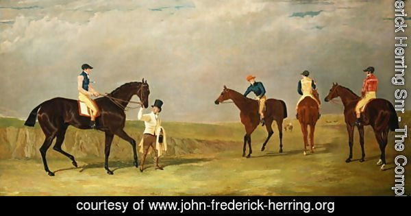 Preparing to start for the Doncaster Gold Cup, 1825, with Mr. Whitaker's 'Lottery', Mr. Craven's 'Longwaist', Mr.Lambton's 'Cedric' and Mr. Farquharson's 'Figaro'