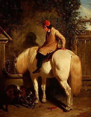 John Frederick Herring Snr - A Corner of a Farmyard with a Boy Sitting on a Grey Horse and a Goat eating nearby