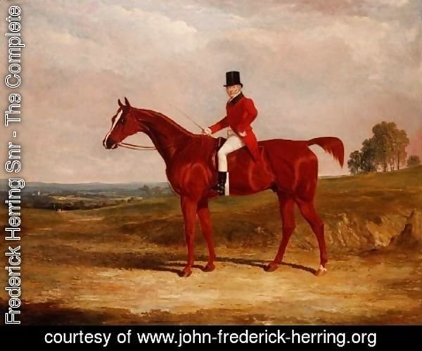 John Frederick Herring Snr - Sir Hugh Hamilton Mortimer, Master of the Old Surrey Foxhounds, on a chestnut hunter in an extensive landscape