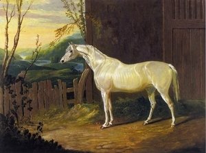 John Frederick Herring Snr - A Gray Arab Mare outside a Stable in an Extensive River Landscape