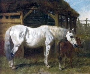 A Grey Mare and Chestnut Foal by a Stable 1853