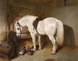 John Frederick Herring Snr - A grey pony in a stable with ducks