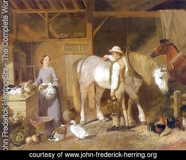 Feeding Time For Farm Animals in Barn 1845