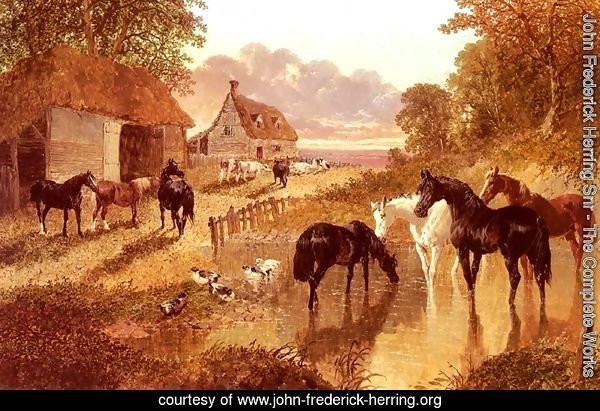 The Evening Hour, Horses And Cattle By A Stream At Sunset
