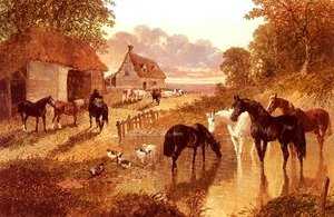 The Evening Hour, Horses And Cattle By A Stream At Sunset
