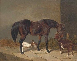John Frederick Herring Snr - A bay horse with a goat and ducks