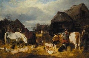 A farmyard scene with milkmaid and a farm labourer