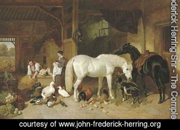 John Frederick Herring Snr - A barn interior with figures and livestock