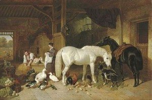 John Frederick Herring Snr - A barn interior with figures and livestock