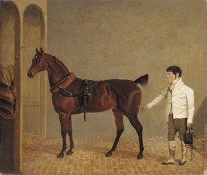 John Frederick Herring Snr - A carriage horse and groom in a stable