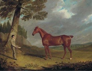A chestnut hunter and a groom in a landscape