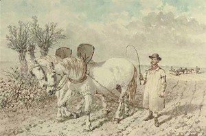 A labourer with a ploughing team