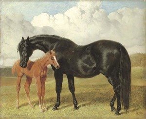 John Frederick Herring Snr - A mare and foal in a landscape