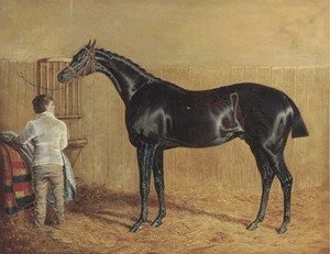 John Frederick Herring Snr - A racehorse in a stable with a groom