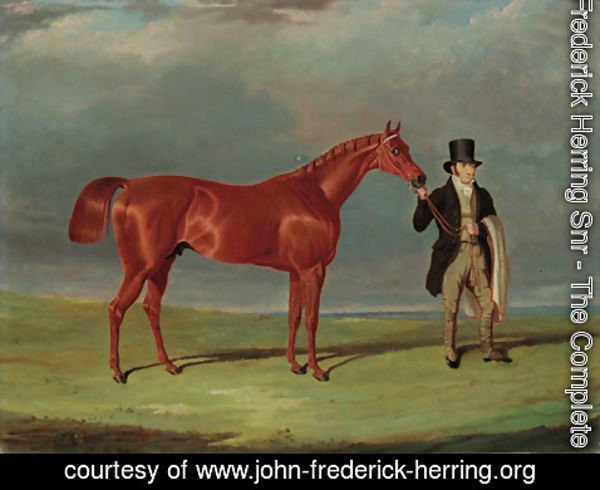 John Frederick Herring Snr - Bedlamite, a chestnut racehorse held by his trainer, in an extensive landscape