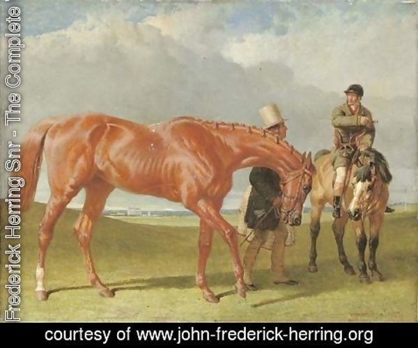 John Frederick Herring Snr - Bribery held by Alec Taylor Sen. (her trainer), the jockey Nat Flatman on a hack, Winchester racecourse beyond