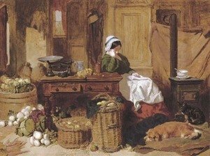 Jennie asleep at a kitchen table, surrounded by fruit and vegetables, with two dogs and a cat in front of the stove at her feet