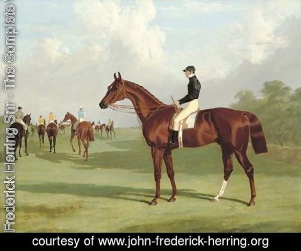 John Frederick Herring Snr - Mundig with William Scott up at the start for the 1835 Derby, jockeys and racehorses on the course beyond