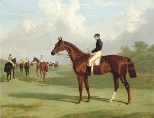 Mundig with William Scott up at the start for the 1835 Derby, jockeys and racehorses on the course beyond