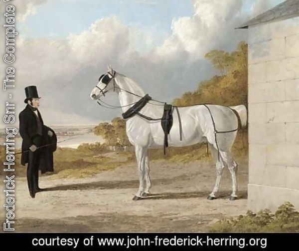 John Frederick Herring Snr - Portrait of James Hartley with a grey carriage horse, in an extensive river landscape