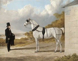 Portrait of James Hartley with a grey carriage horse, in an extensive river landscape