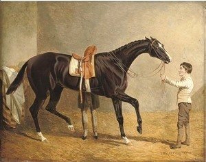 John Frederick Herring Snr - Queen of Trumps in a stable, with two grooms