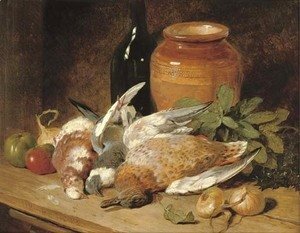 Still life of dead birds, fruit, vegetables, a bottle and a jar