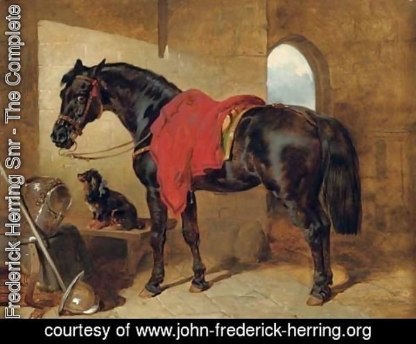 John Frederick Herring Snr - The cavalier's charger, saddled and draped with a crimson cloth, a King Charles spaniel with a blue bow around its neck, a cuirass