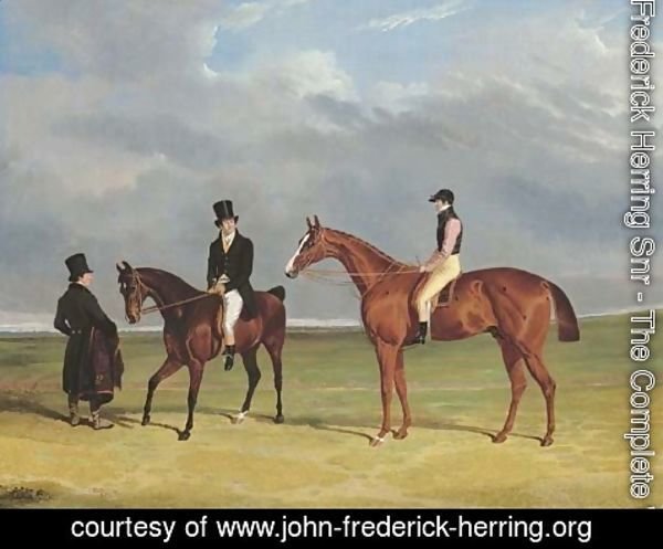 John Frederick Herring Snr - The Colonel with William Scott up and John Scott on a dark bay hack, with groom, Doncaster racecourse beyond