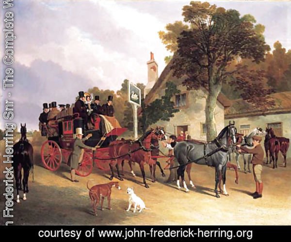 The London-to-Leeds stage coach changing horses at the Swan Inn, Bottisham, Cambridge