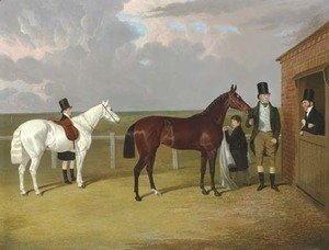 Vespa, a brown filly, held by her owner, Sir Mark Wood, Bt., her trainer seen leaning on a stable door, and a groom with a grey pony in attendance