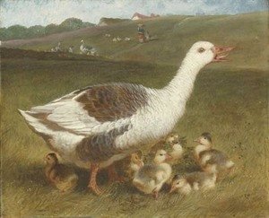 John Frederick Herring Snr - A goose and goslings in a landscape, figures beyond