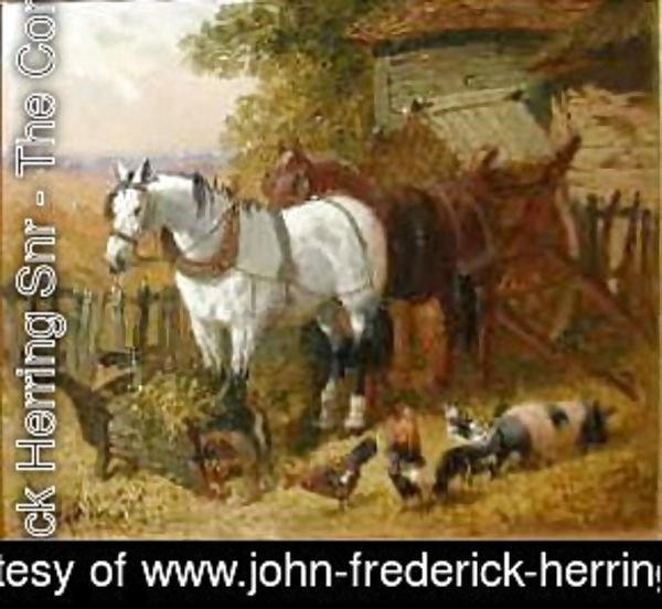 John Frederick Herring Snr - Horses with chickens and a pig
