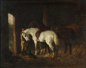 Groomsman with Two Horses in Stable