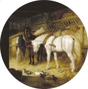 Harnessed plough-horses and ducks in a barn