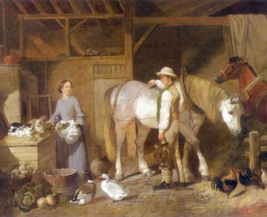 Feeding Time For Farm Animals in Barn 1845 by John Frederick Herring, Sr.