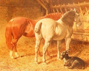 John Frederick Herring Snr - Horses and a goat in a stable
