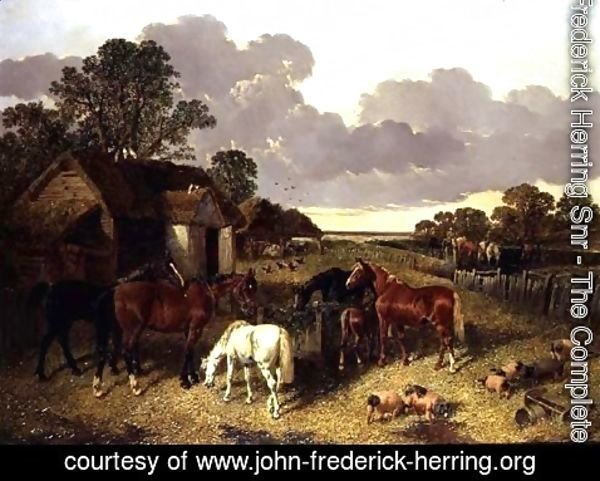 John Frederick Herring Snr - Horses, Pigs, Poultry, Duck and Cattle in a Farmyard