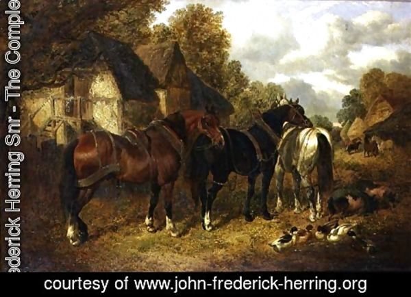 John Frederick Herring Snr - Farm Scene with Cart Horses