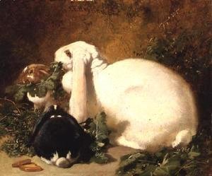 John Frederick Herring Snr - A Doe Rabbit and her two young, 1852